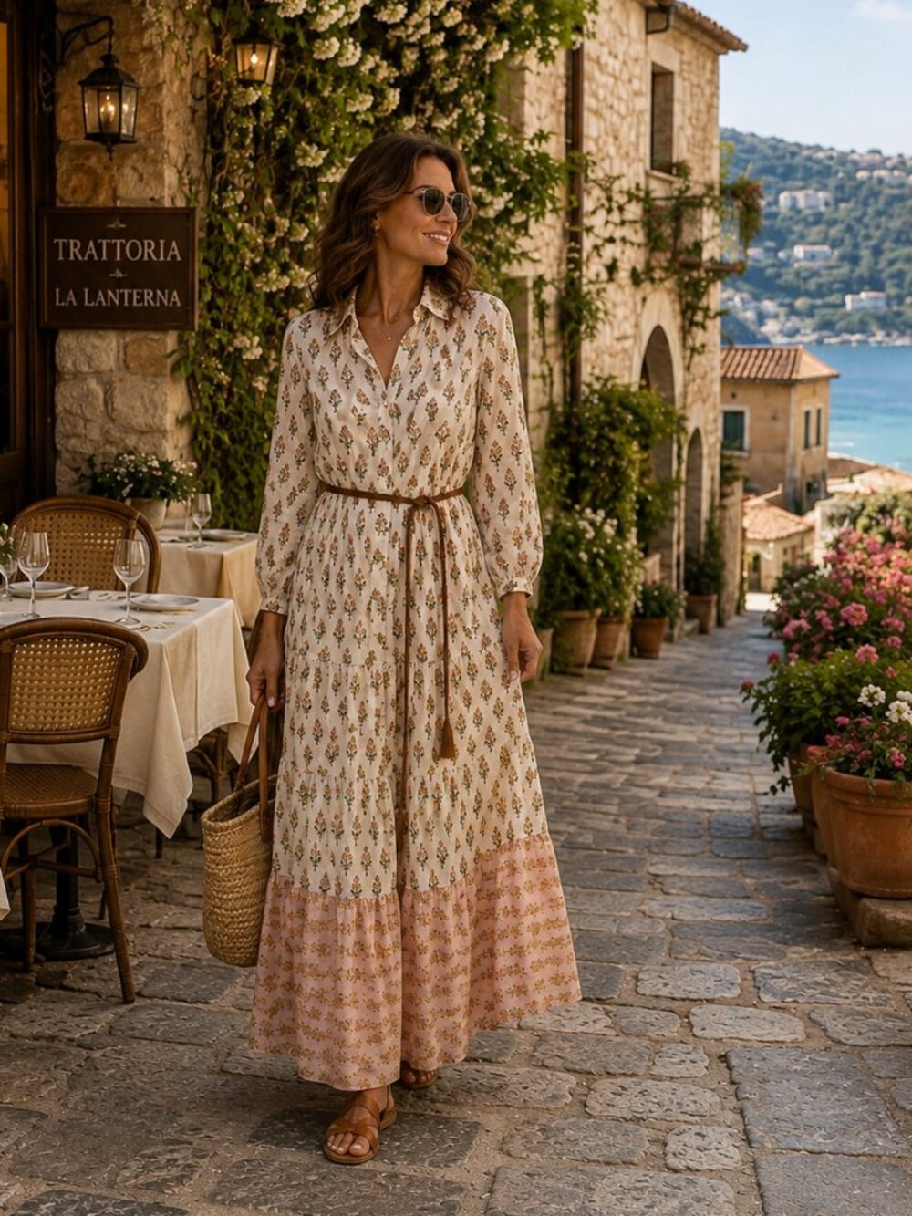 Dixie Italy Floral Cotton Boho Maxi Shirt Dress Belted M